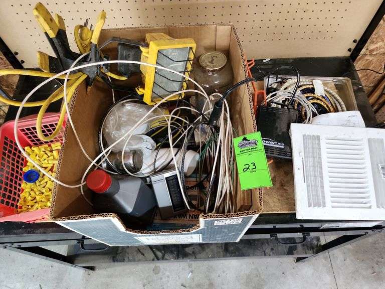 Electrical supplies, plumbing supplies, radio, power inverter, cords, and spotlight