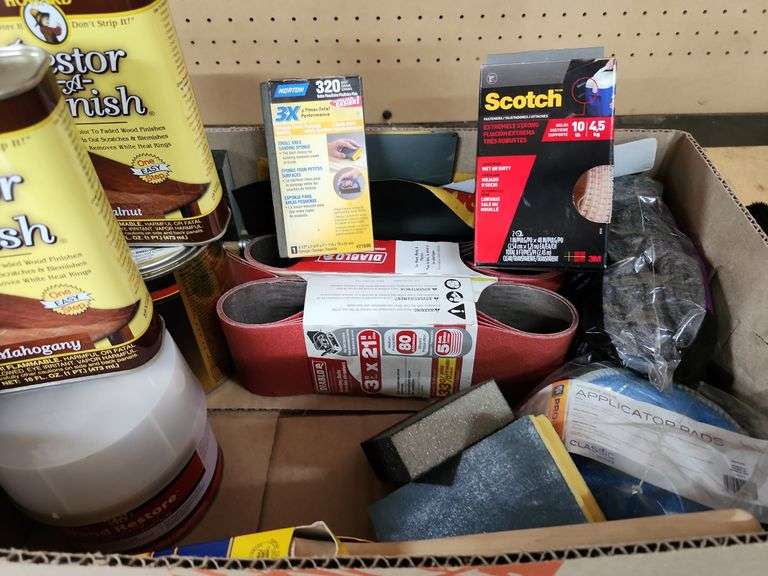 Painting supplies, sander belts,  finishes, steel wool paint brushes