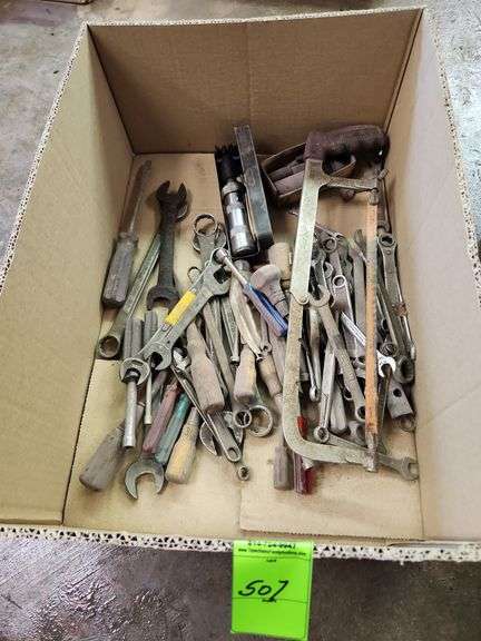 Wrenches, screwdrivers, hacksaw, miscellaneous