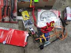 Tools, saw blades, air conditioning gauges, threatsetter River gun, nails
