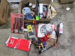 Tools, saw blades, air conditioning gauges, threatsetter River gun, nails
