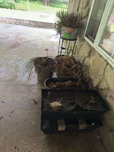 Large outdoor pots and planters, one metal rolling plant stand