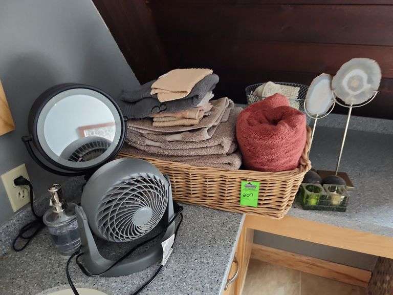 Fan makeup mirror tiles basket knick knacks