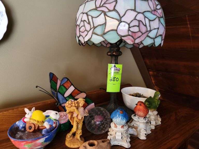Stained Glass Lamp, butterfly, and knick knacks