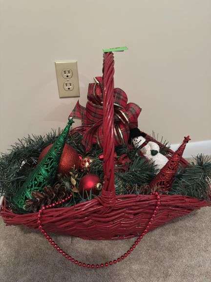 Large red basket, Christmas decorations