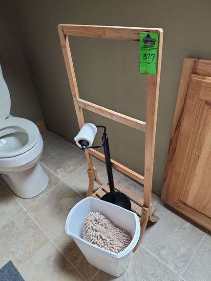 Towel rack, trash can, and paper holder