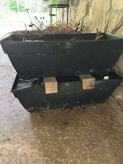Large outdoor pots and planters, one metal rolling plant stand