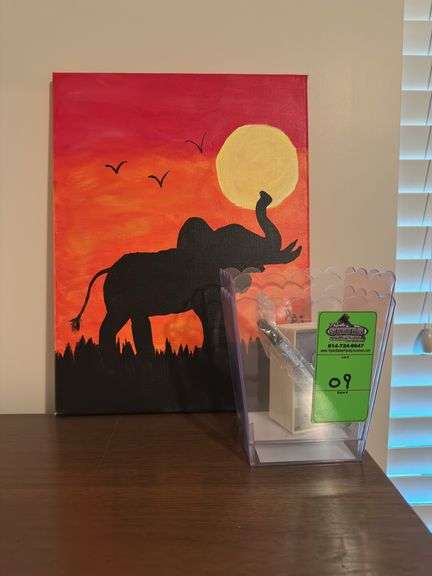 Painting, oven elephant, and two small plastic boxes
