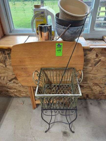 Metal plant stand, small folding table and planters