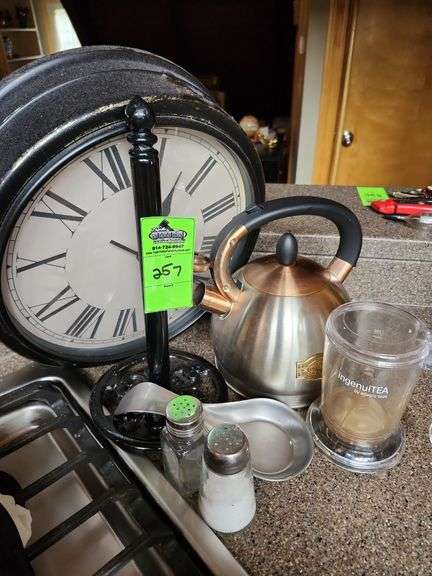 Clock, tea pot and miscellaneous