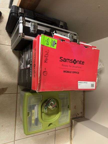 Mobile office, new inbox, two briefcases and a box of office supplies ￼