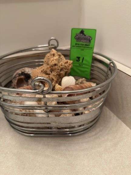 Shell artwork basket of shelves, seaside painting