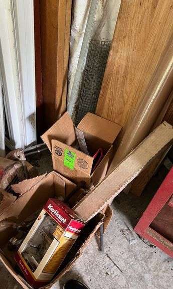 Assorted garage tools, and Kwikset door handle