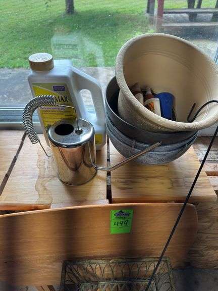 Metal plant stand, small folding table and planters