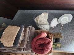 Fan makeup mirror tiles basket knick knacks