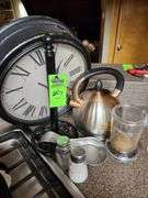 Clock, tea pot and miscellaneous