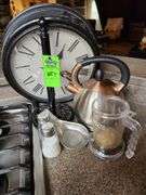Clock, tea pot and miscellaneous