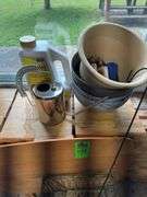 Metal plant stand, small folding table and planters