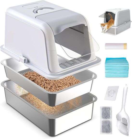 Stainless Steel Sifting Cat Litter Box with Lid, XL Fully En image