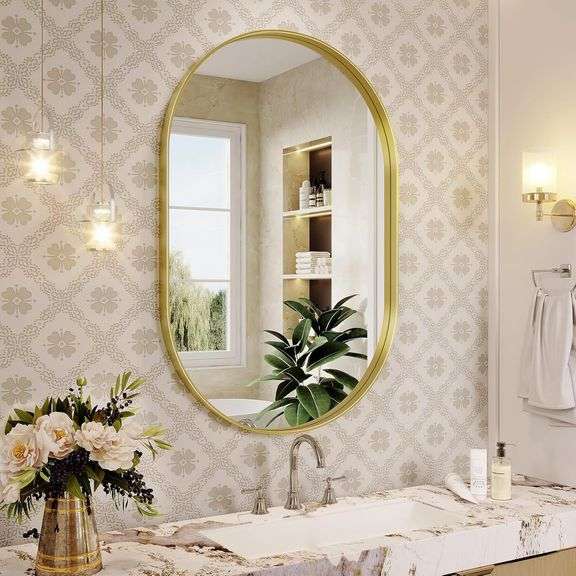 Oval Mirror, 20" 30" Gold Bathroom Mirror, Oval Mirror for B image