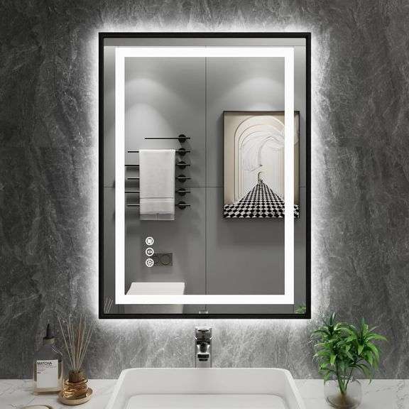 Amorho 20"x 28" LED Bathroom Mirror with Black Frame, Front image
