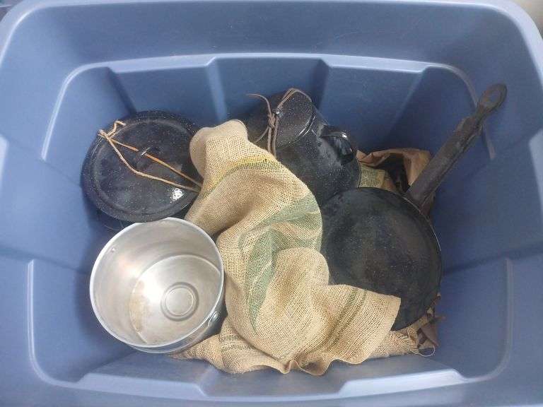 Bin with burlap sack and vintage cooking pots image