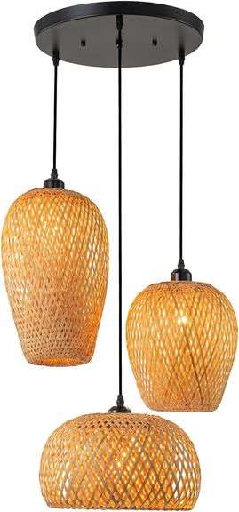 $116 Rattan Pendant Light Bamboo Hanging Light 3-Lights Boho image