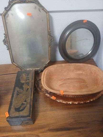 Vintage mirrors metal trays and wooden box. image