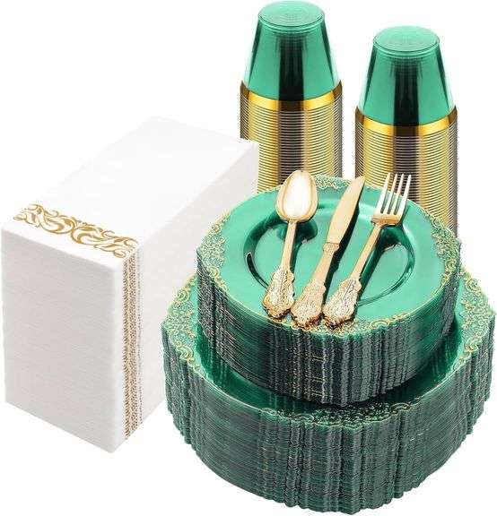 350PCS Clear Green Plastic Plates for 50 Guests, Disposable image