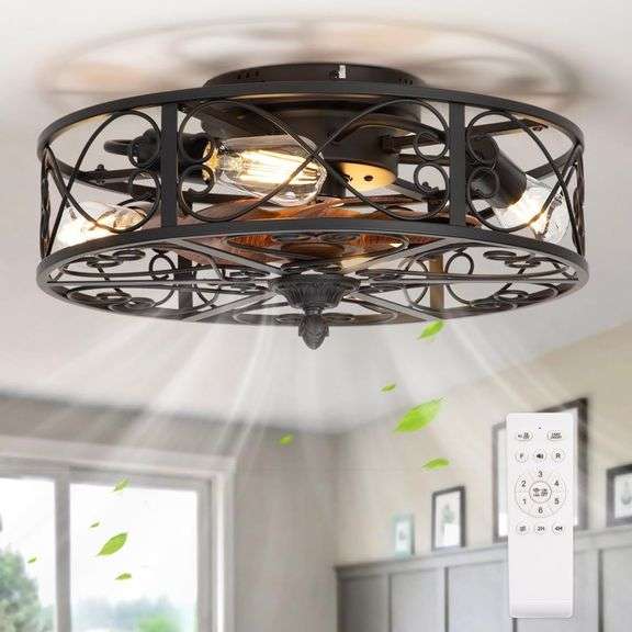 Caged Flush Mount Ceiling Fan with Lights, Farmhouse Rustic image