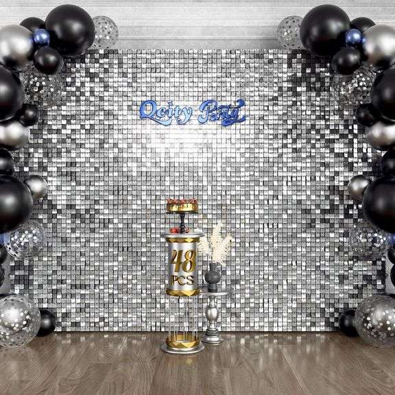 $133 Qcity Silver Shimmer Wall Backdrop 48PCS, Black Back No image