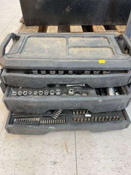 Plastic three drawer toolbox with husky tools. Some missing. image