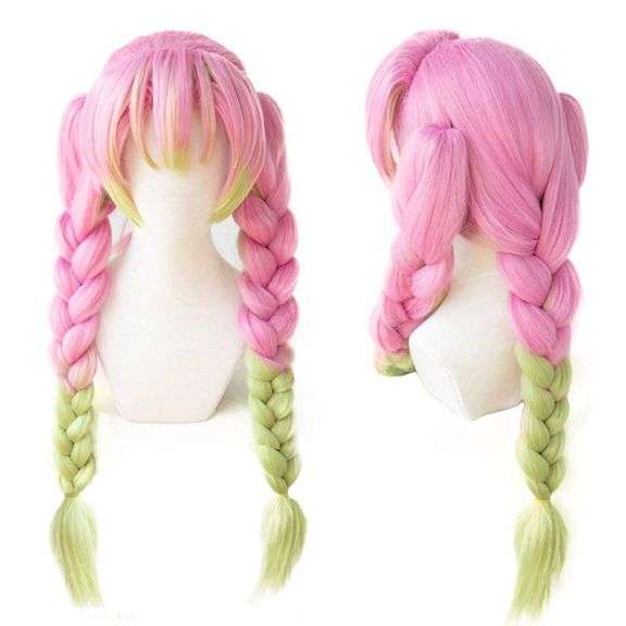 Pink + cyan_green Anime Double Horsetail Clip Cosplay Wig image