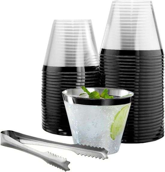 100 Black Rimmed Plastic Cups and 1 Silver Ice Tong Set - 9 image