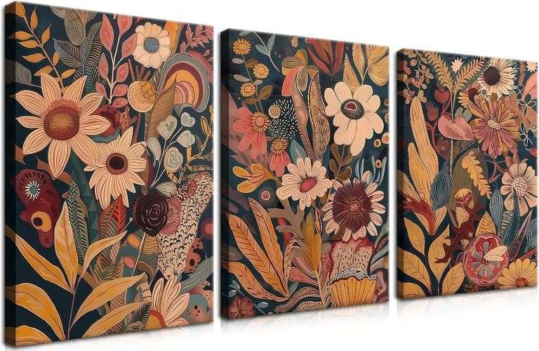 YHCTHT Modern Boho Flower Canvas Wall Art Set of 3   Mid Cen image