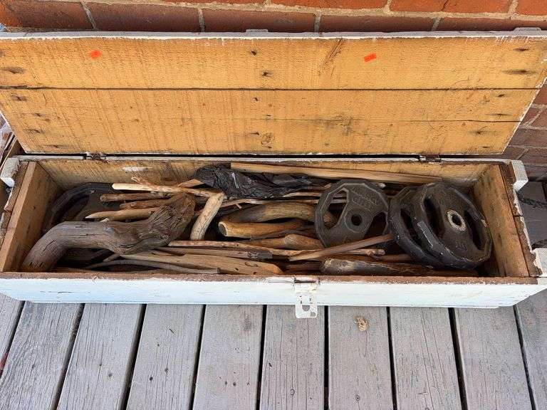 Box of elk antlers, burl wood and metal weights image