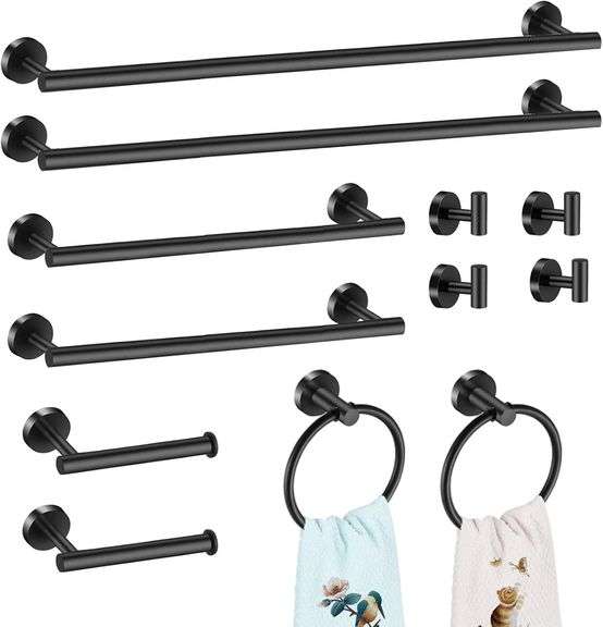 12 PCS Matte Black Round Towel Bar Set, Bathroom Towel Bar S image