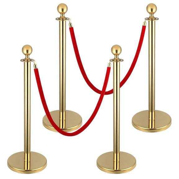 Gold Stanchions and Red Velvet Ropes Set, 4pcs Stanchions wi image