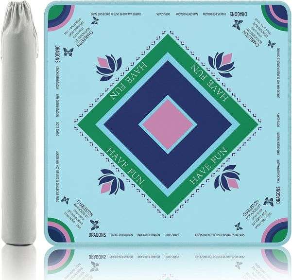 Turquoise Mahjong Mat with Lotus & Butterfly Artwork - 32.4x image