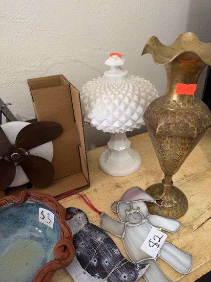 Brass vase,white milk glass, misc image