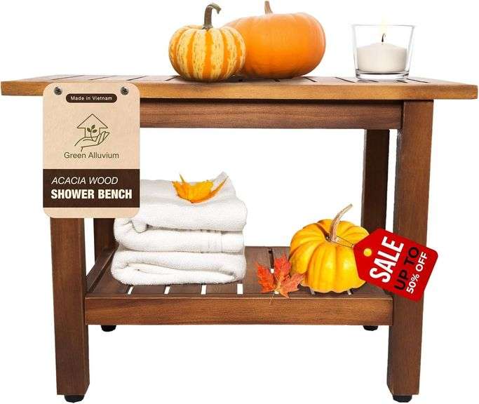 Acacia Wooden Shower Bench with Storage Shelf - Non Slip Stu image