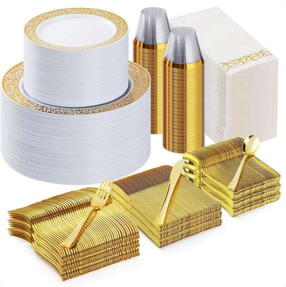 700PCS Gold Plastic Dinnerware Set for 100 Guests, Disposabl image