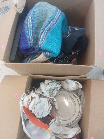 2 boxes misc dishes/ 2 gps /pictures/blanket image