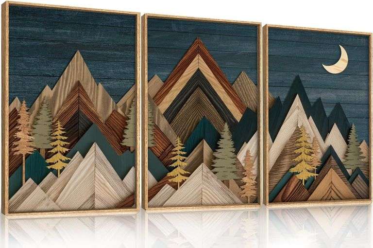 $104 Mountain Woodcut Nature Framed Canvas Wall Art Set,Vint image