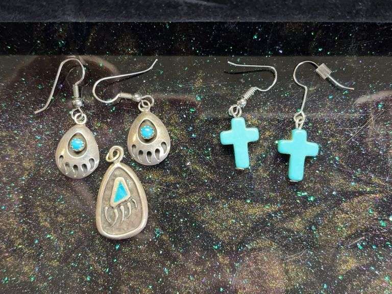 Turquoise cross earrings, silver, and turquoise, bear paw pendant, and the earrings image