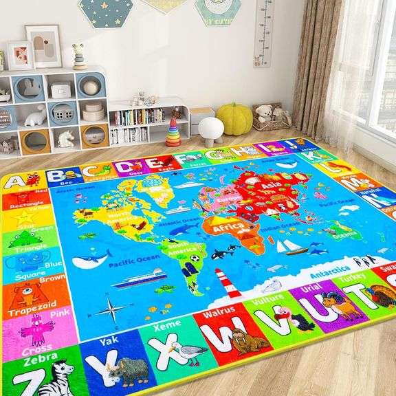 $140 World Map ABC Kid Rug for Playroom Geography 110" 78.7" image