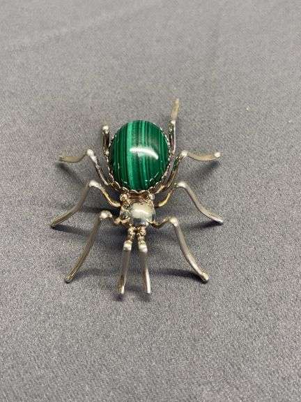 Sterling silver and green malachite spider pin image