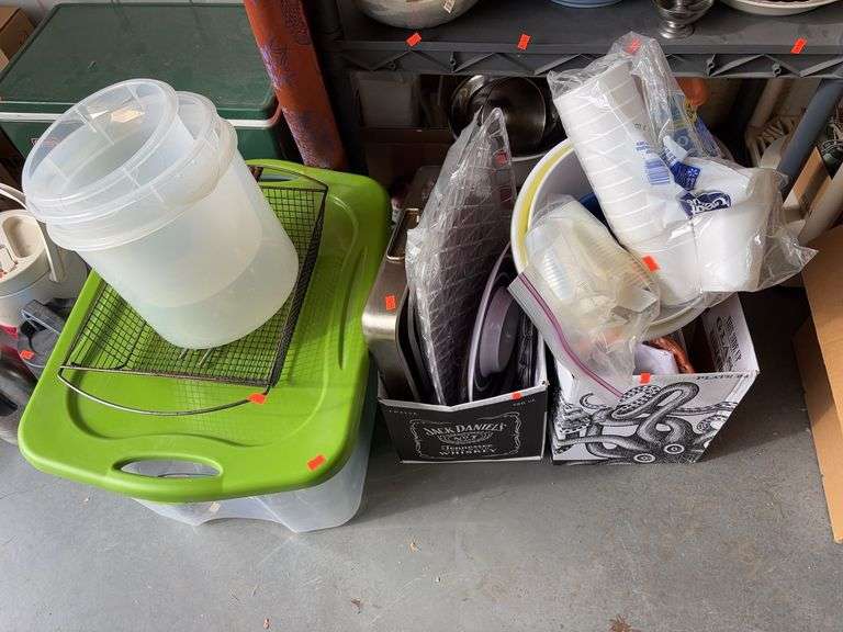 2 boxes and 1 tub of miscellaneous kitchenware image