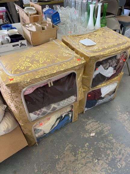 4 gold fabric storage totes with miscellaneous fabrics image