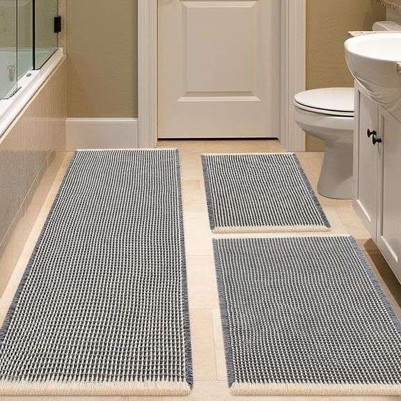 IM HOME Waffle Bath Mat Set 3 Piece Grey & Beige,Woven Moder image